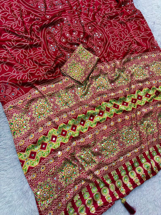 Premium Satin Silk Printed Saree with Mirror Work, Blouse & Tassels