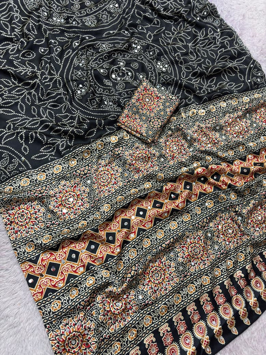 Premium Satin Silk Printed Saree with Mirror Work, Blouse & Tassels