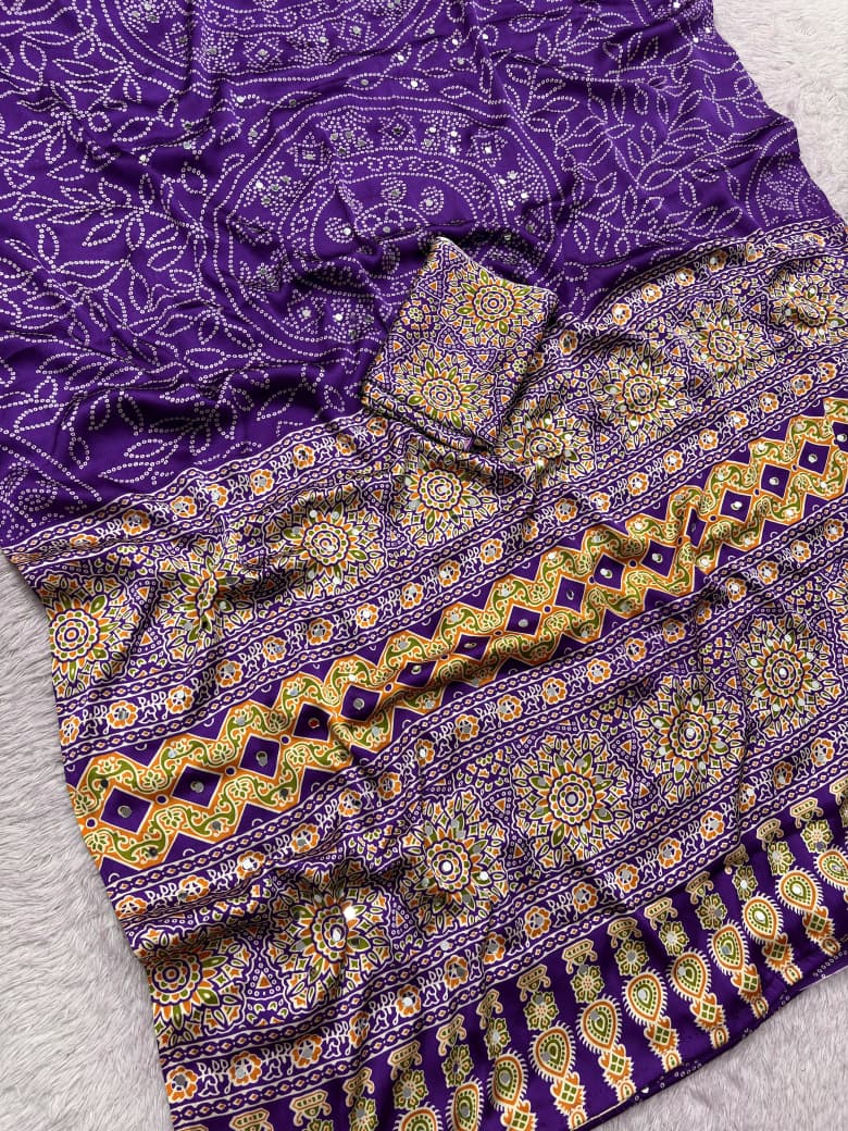 Premium Satin Silk Printed Saree with Mirror Work, Blouse & Tassels