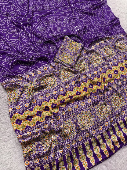 Premium Satin Silk Printed Saree with Mirror Work, Blouse & Tassels
