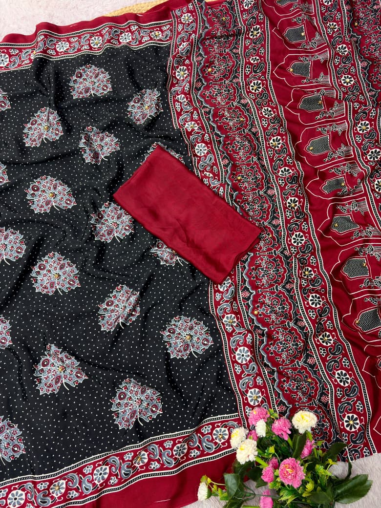 Premium Satin Silk Printed Saree with Mirror Work, Blouse & Tassels