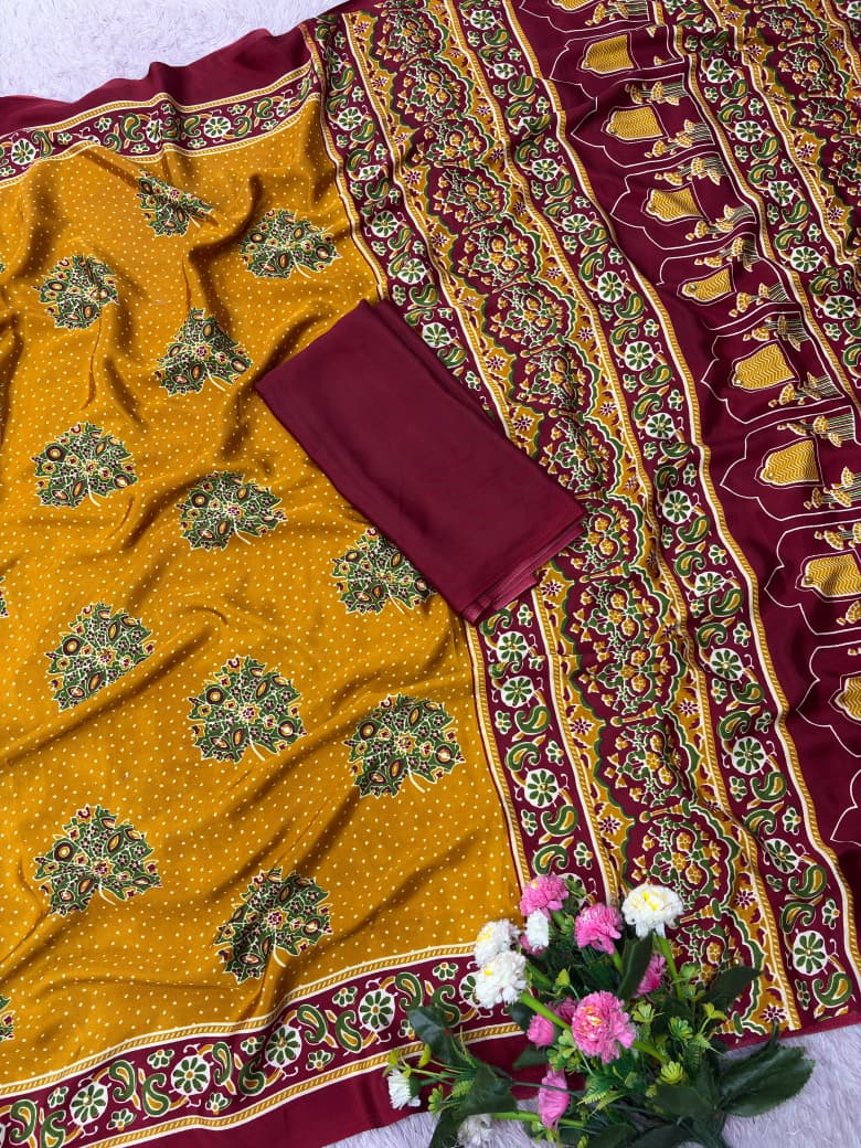 Premium Satin Silk Printed Saree with Mirror Work, Blouse & Tassels