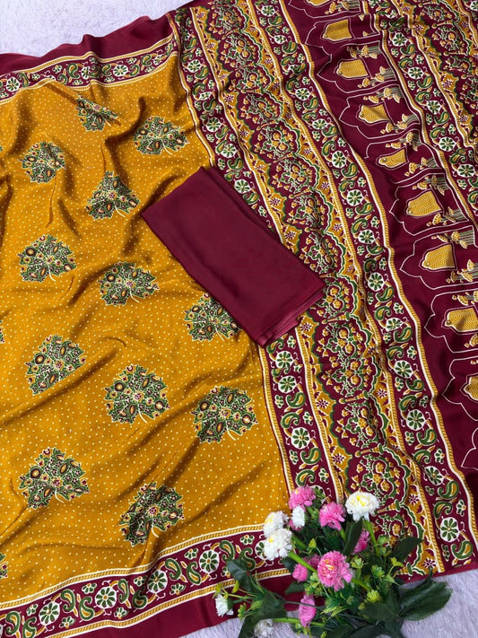 Premium Satin Silk Printed Saree with Mirror Work, Blouse & Tassels