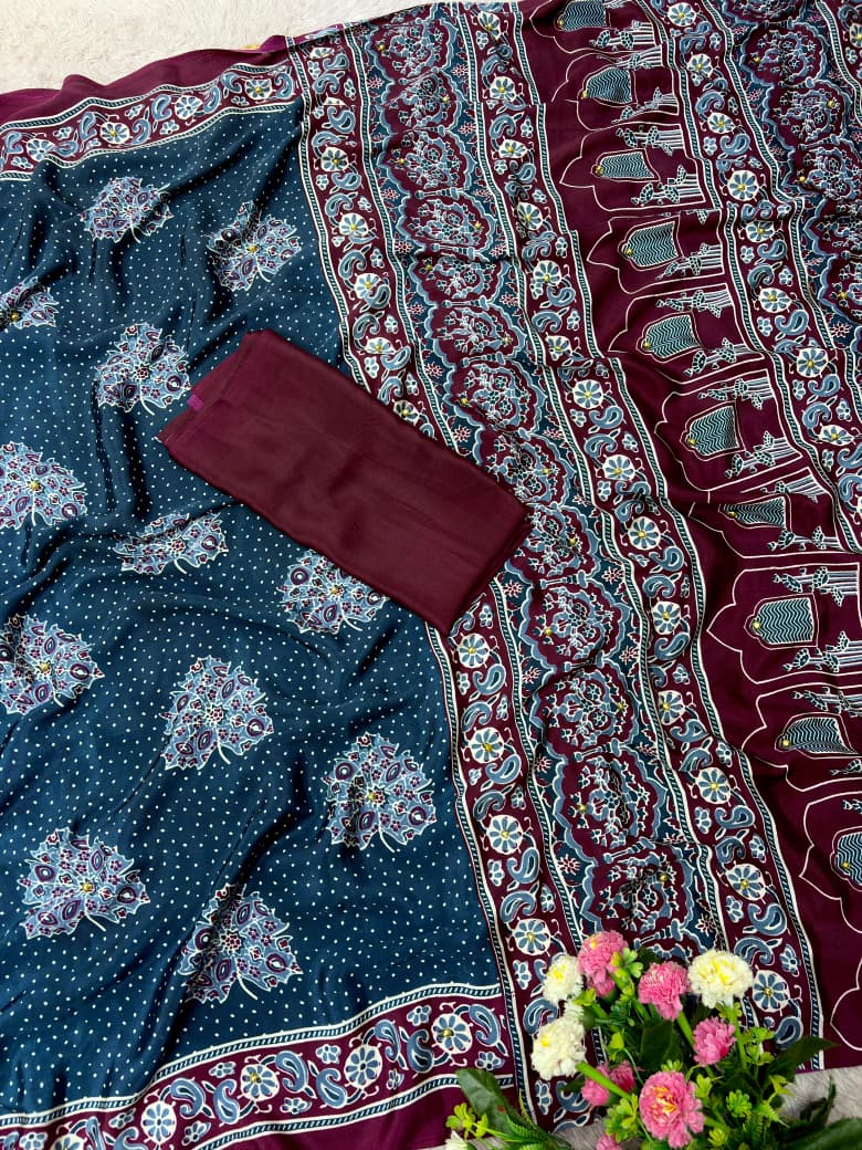 Premium Satin Silk Printed Saree with Mirror Work, Blouse & Tassels