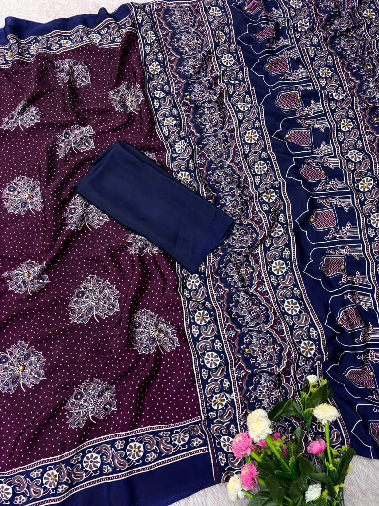 Premium Satin Silk Printed Saree with Mirror Work, Blouse & Tassels