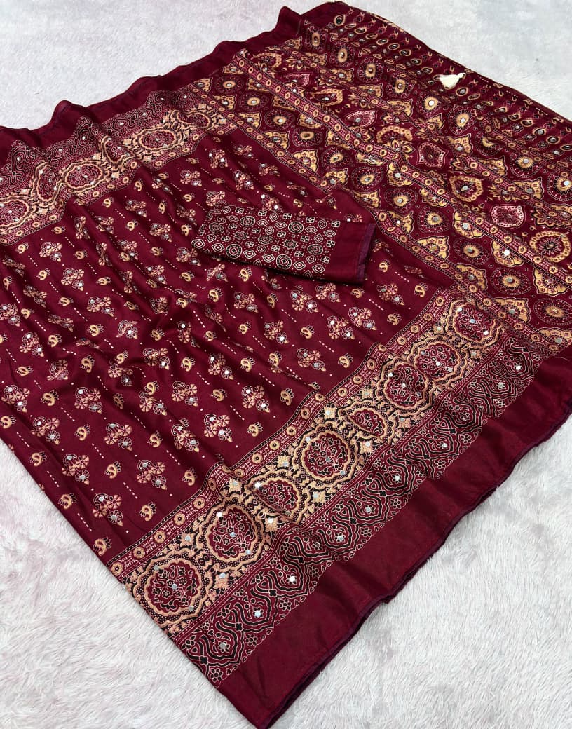 Premium Satin Silk Printed Saree with Mirror Work, Blouse & Tassels