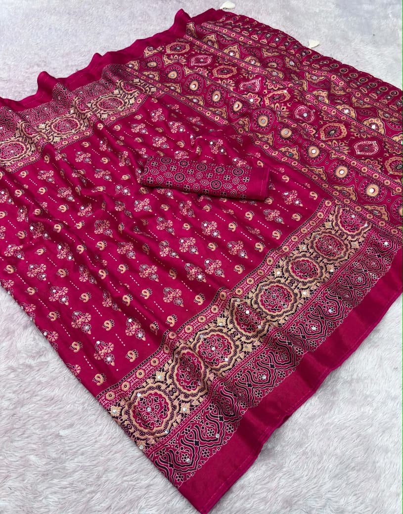 Premium Satin Silk Printed Saree with Mirror Work, Blouse & Tassels