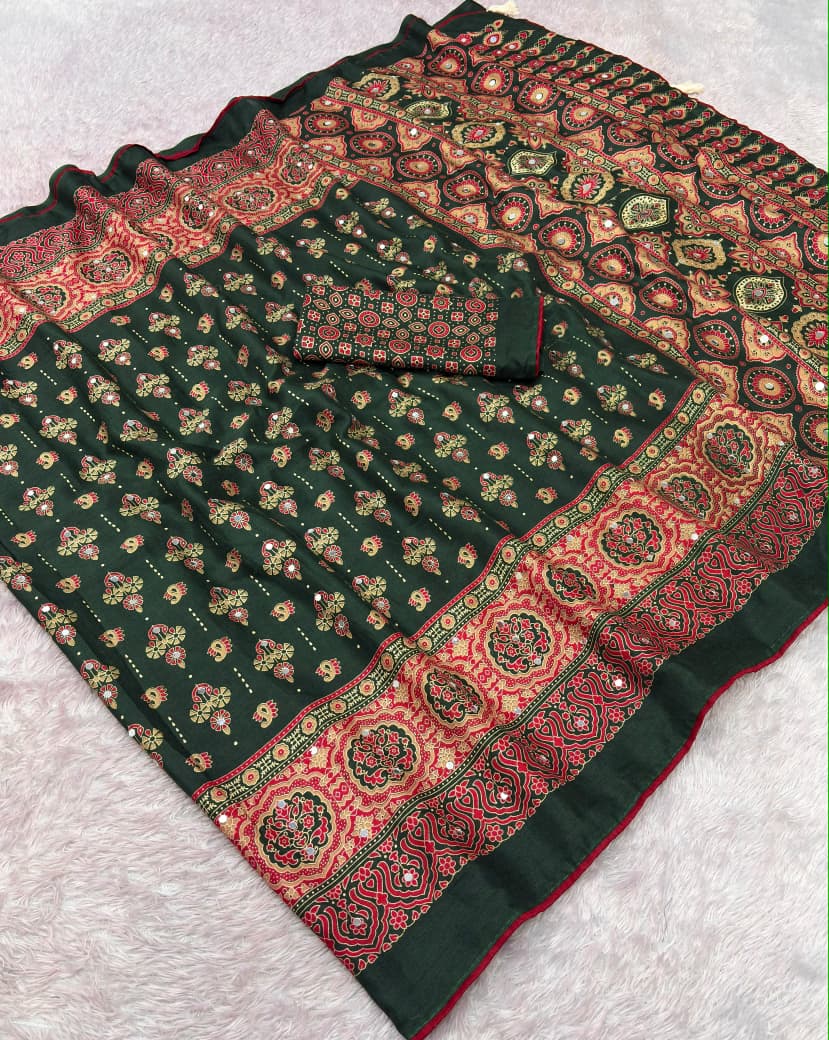 Premium Satin Silk Printed Saree with Mirror Work, Blouse & Tassels