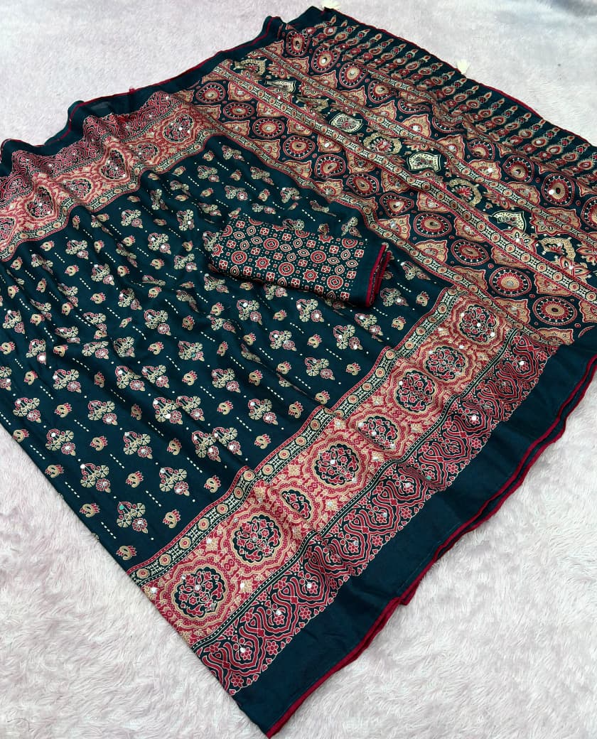 Premium Satin Silk Printed Saree with Mirror Work, Blouse & Tassels