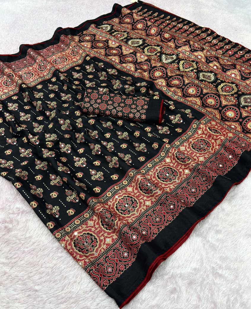 Premium Satin Silk Printed Saree with Mirror Work, Blouse & Tassels