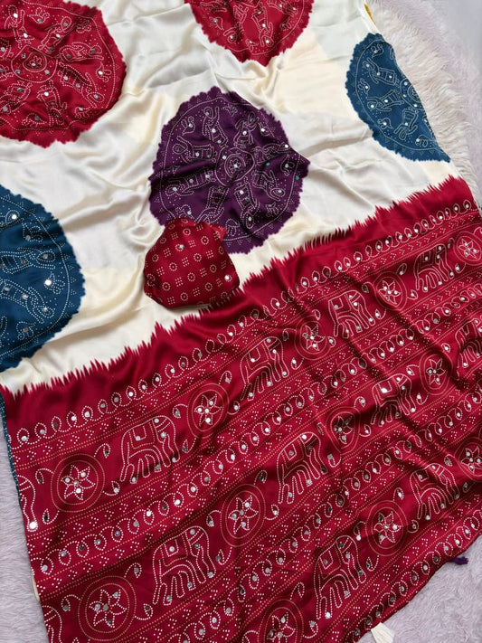 Premium Satin Silk Printed Saree with Mirror Work, Blouse & Tassels