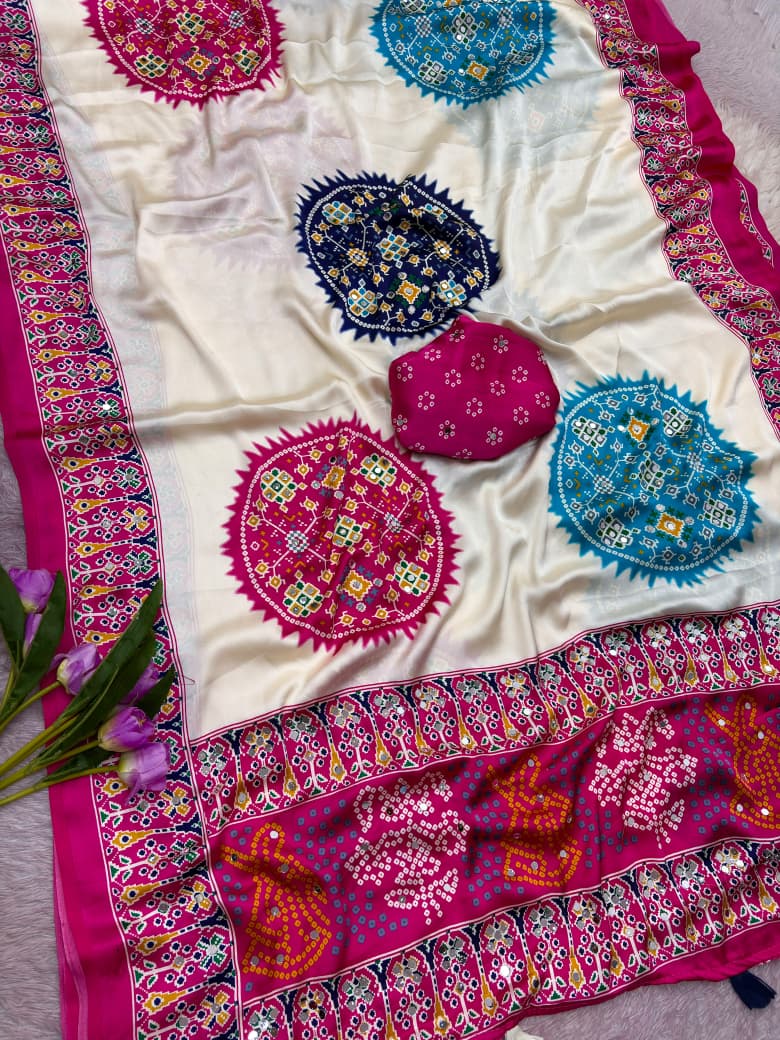 Premium Satin Silk Printed Saree with Mirror Work, Blouse & Tassels
