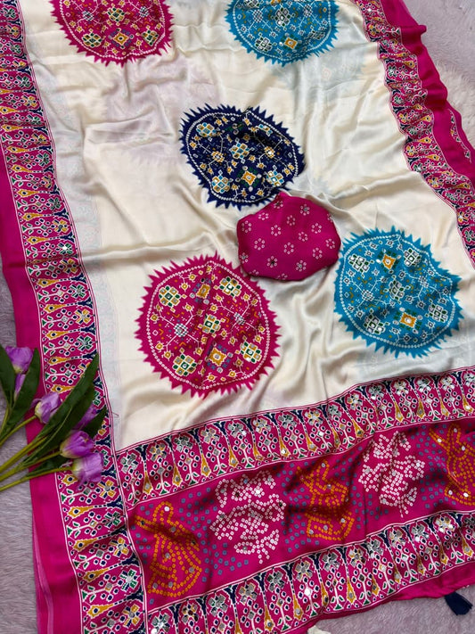 Premium Satin Silk Printed Saree with Mirror Work, Blouse & Tassels