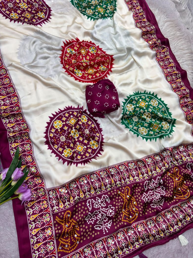 Premium Satin Silk Printed Saree with Mirror Work, Blouse & Tassels