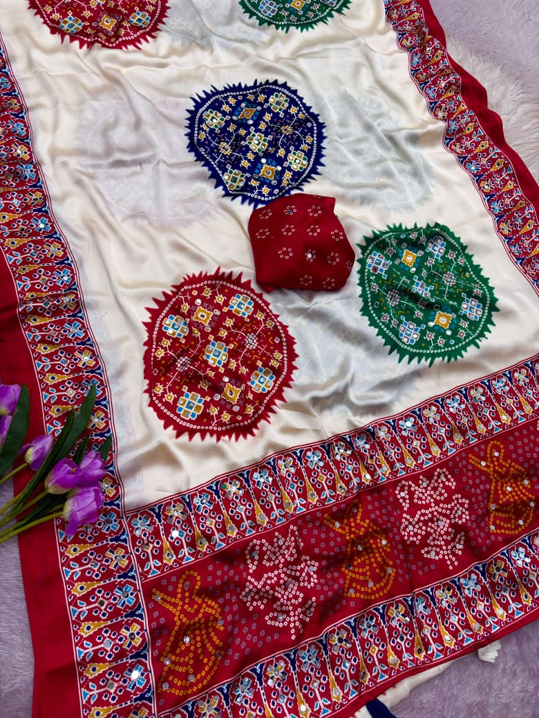 Premium Satin Silk Printed Saree with Mirror Work, Blouse & Tassels