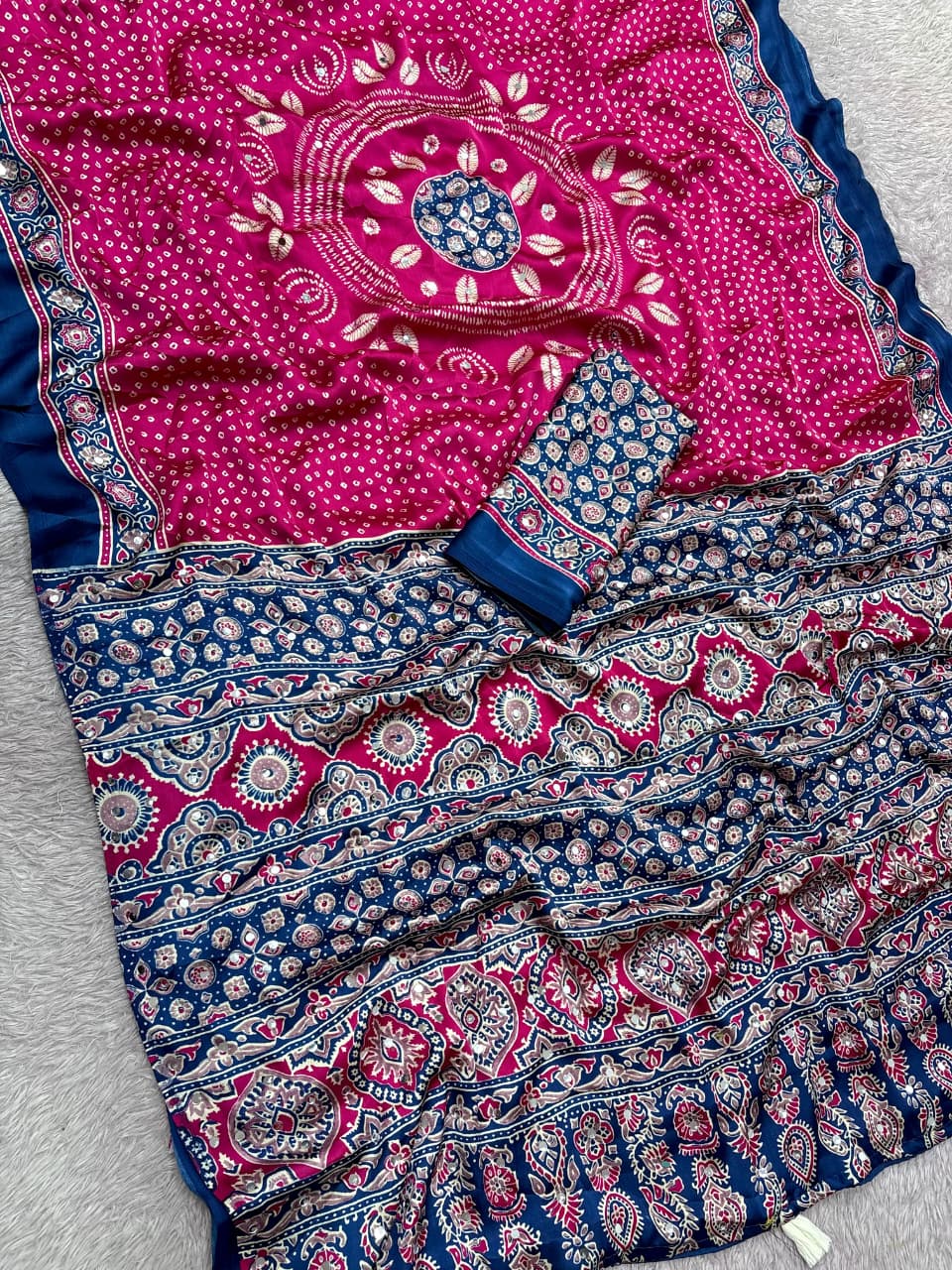 Premium Satin Silk Printed Saree with Mirror Work, Blouse & Tassels