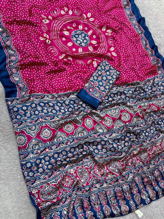 Premium Satin Silk Printed Saree with Mirror Work, Blouse & Tassels