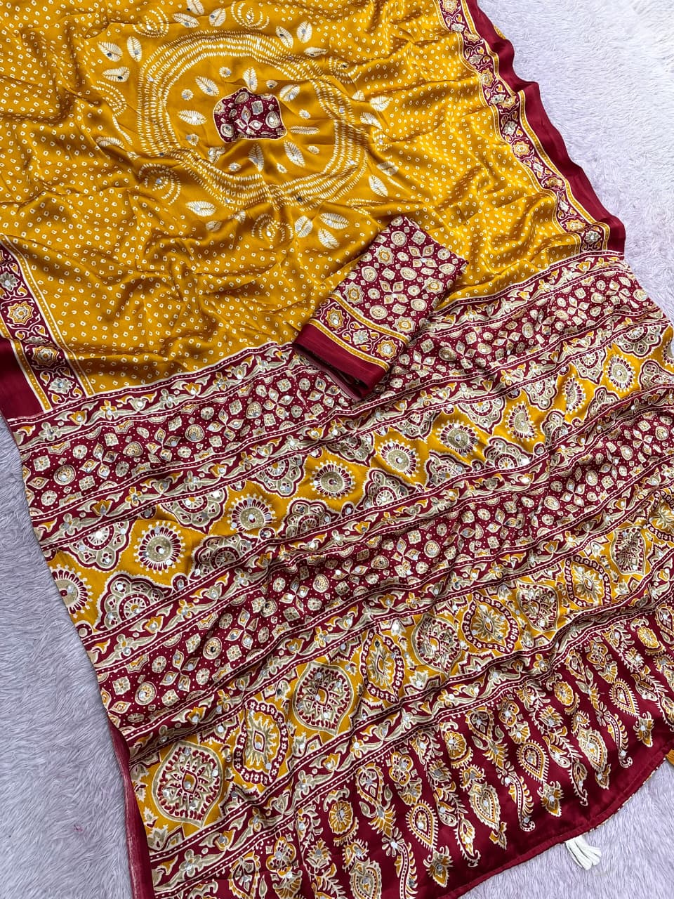 Premium Satin Silk Printed Saree with Mirror Work, Blouse & Tassels