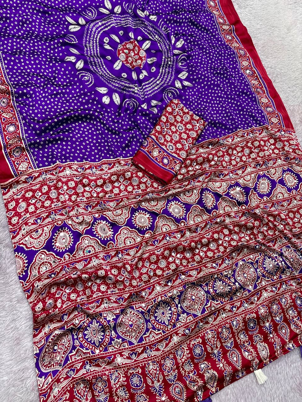 Premium Satin Silk Printed Saree with Mirror Work, Blouse & Tassels