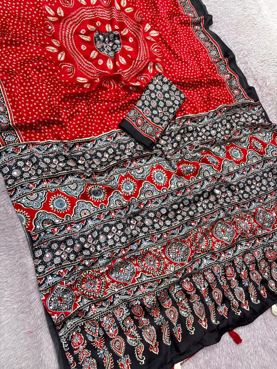 Premium Satin Silk Printed Saree with Mirror Work, Blouse & Tassels