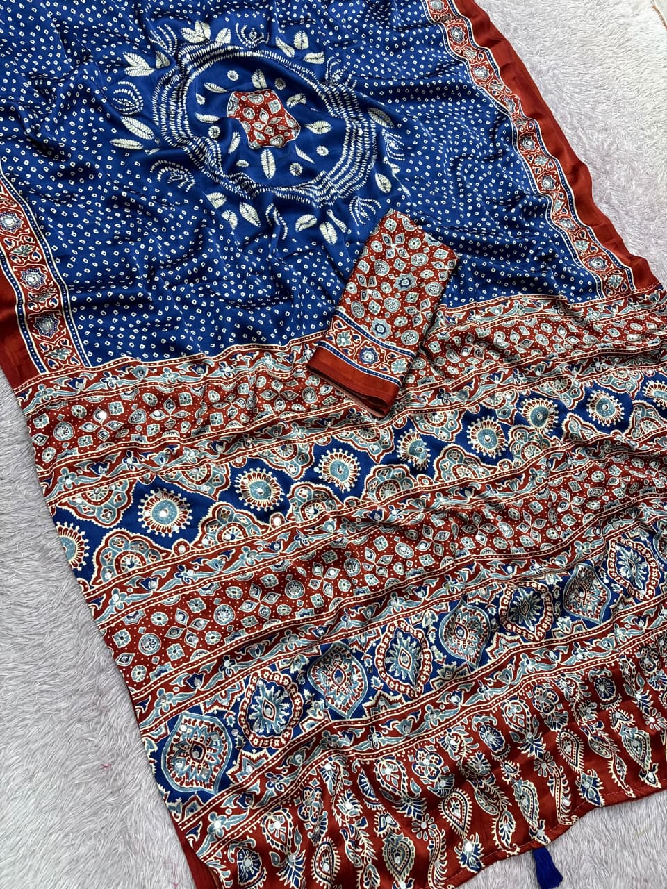 Premium Satin Silk Printed Saree with Mirror Work, Blouse & Tassels