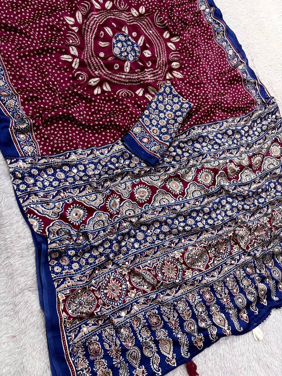 Premium Satin Silk Printed Saree with Mirror Work, Blouse & Tassels
