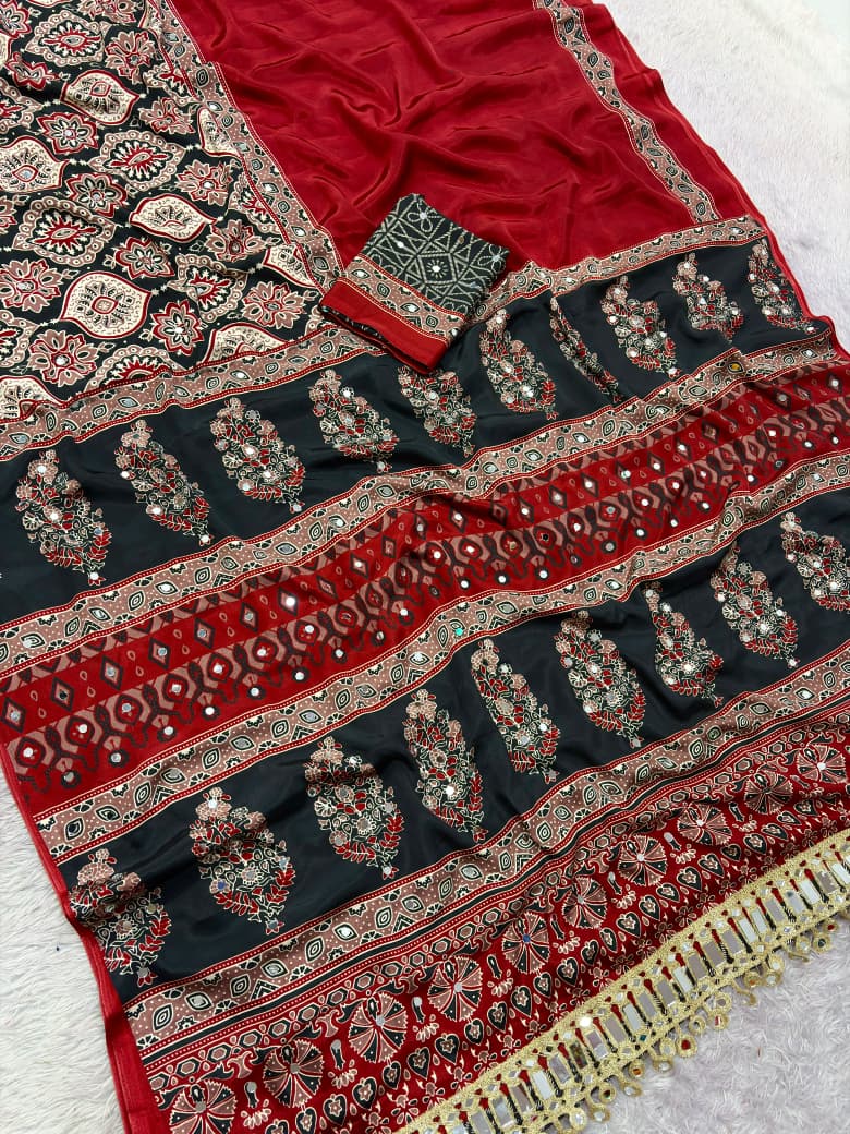 Premium Satin Silk Printed Saree with Mirror Work, Blouse