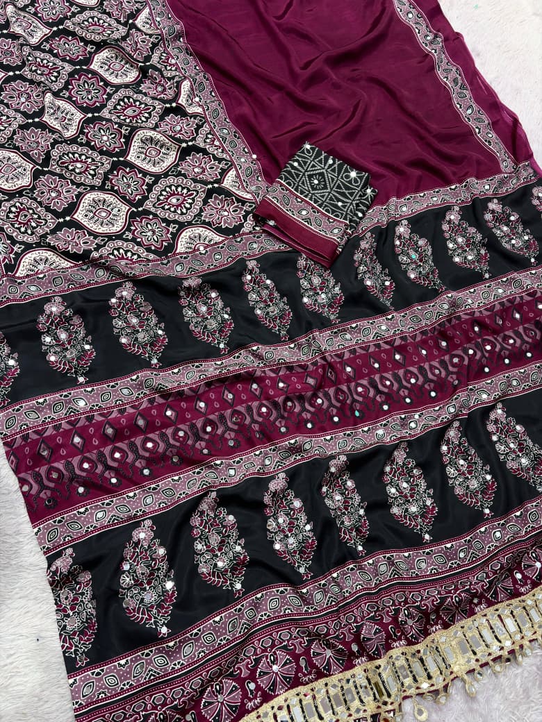 Premium Satin Silk Printed Saree with Mirror Work, Blouse