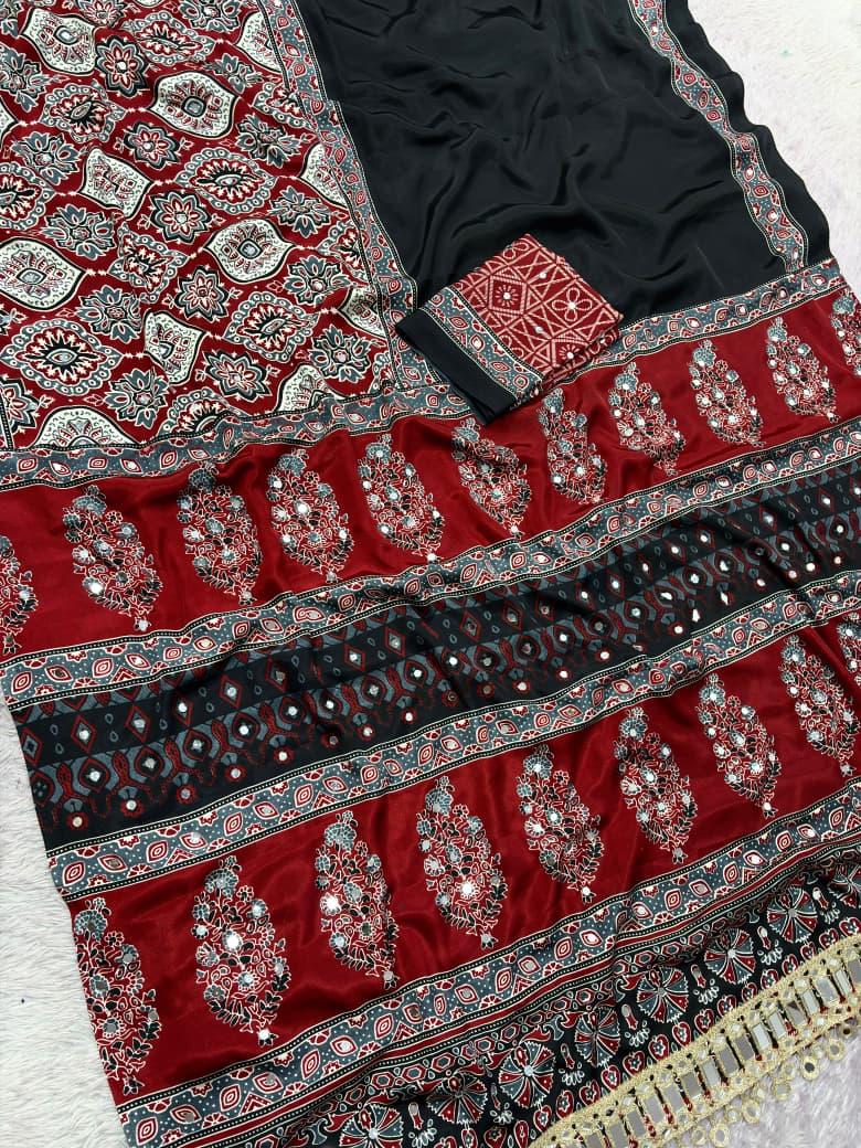 Premium Satin Silk Printed Saree with Mirror Work, Blouse