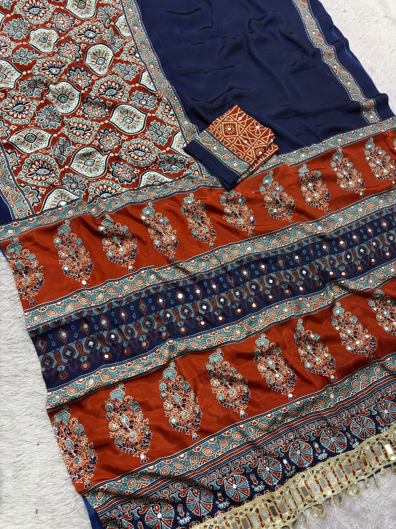 Premium Satin Silk Printed Saree with Mirror Work, Blouse
