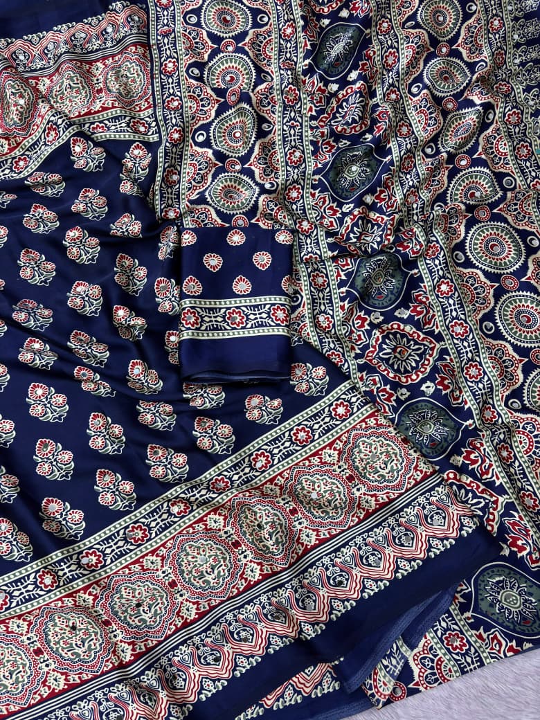 Premium Satin Silk Printed Saree with Mirror Work, Blouse & Tassels