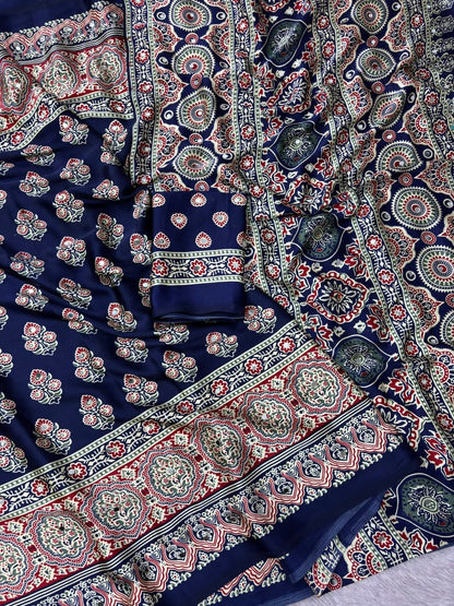 Premium Satin Silk Printed Saree with Mirror Work, Blouse & Tassels