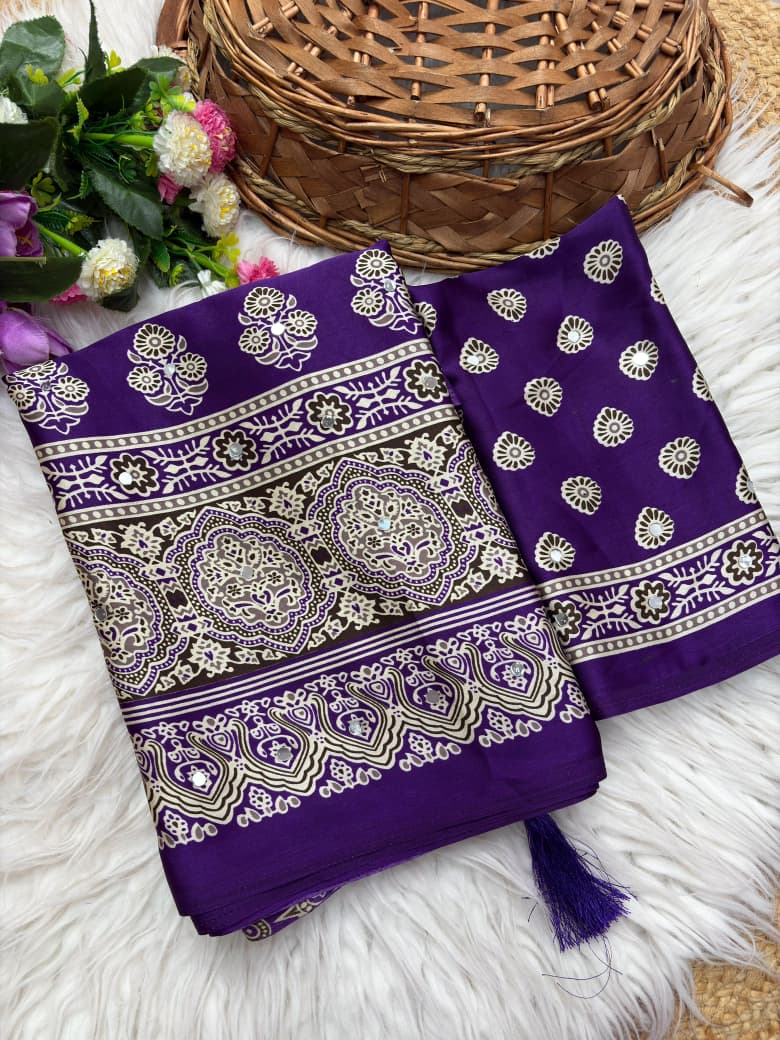Premium Satin Silk Printed Saree with Mirror Work, Blouse & Tassels