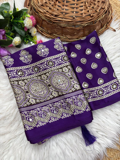 Premium Satin Silk Printed Saree with Mirror Work, Blouse & Tassels