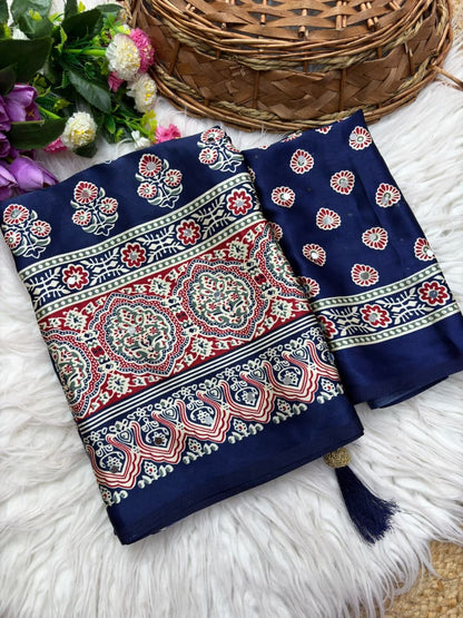 Premium Satin Silk Printed Saree with Mirror Work, Blouse & Tassels