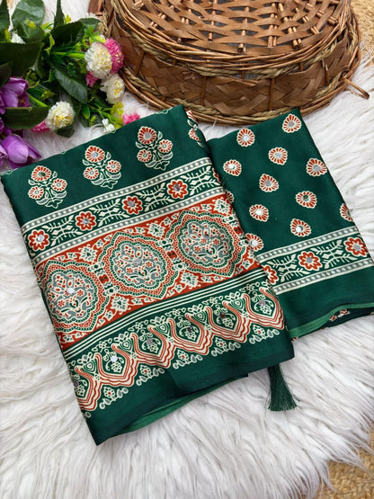 Sattin Print Mirror Work Saree with Unstitched Blouse