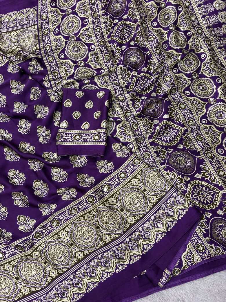 Premium Satin Silk Printed Saree with Mirror Work, Blouse & Tassels