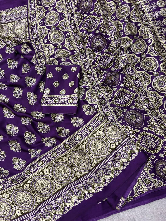 Premium Satin Silk Printed Saree with Mirror Work, Blouse & Tassels