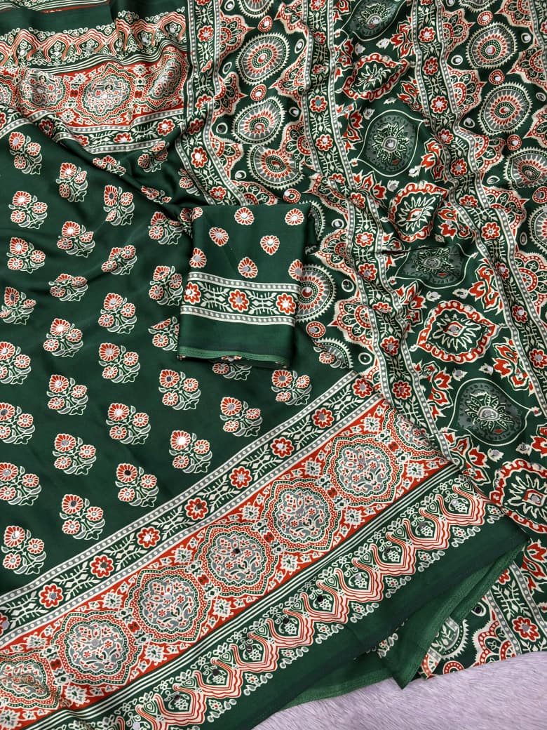 Sattin Print Mirror Work Saree with Unstitched Blouse