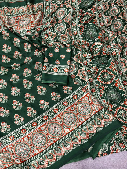 Sattin Print Mirror Work Saree with Unstitched Blouse