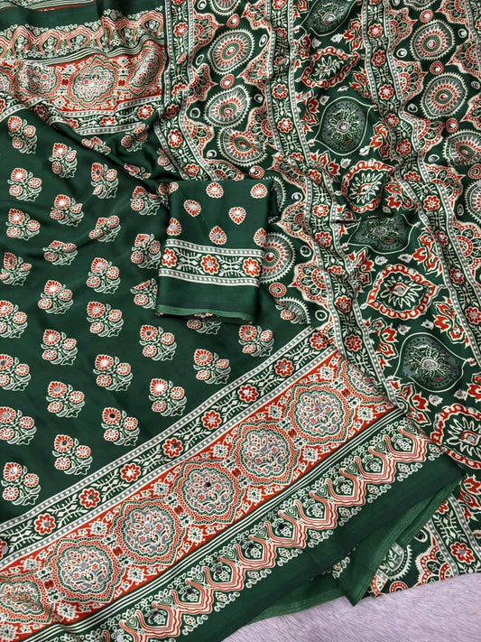 Sattin Print Mirror Work Saree with Unstitched Blouse
