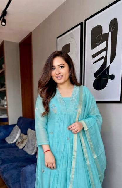 Designer Pure Mul Chaneri With Full Hand Work Nack and Wiving  Pure Banarasi Jequard Dupatta Set
