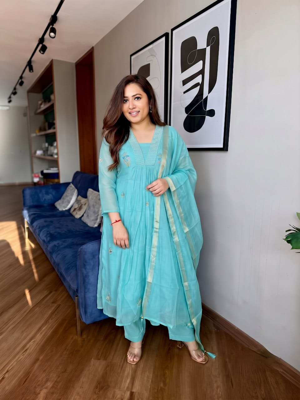 Designer Pure Mul Chaneri With Full Hand Work Nack and Wiving  Pure Banarasi Jequard Dupatta Set