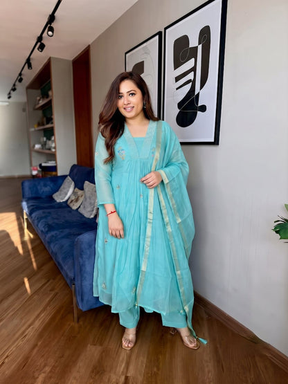 Designer Pure Mul Chaneri With Full Hand Work Nack and Wiving  Pure Banarasi Jequard Dupatta Set