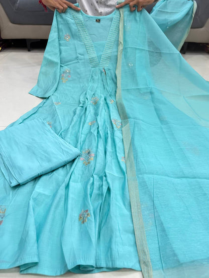 Designer Pure Mul Chaneri With Full Hand Work Nack and Wiving  Pure Banarasi Jequard Dupatta Set