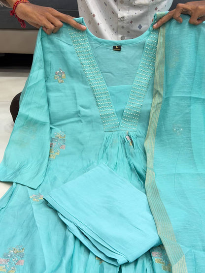Designer Pure Mul Chaneri With Full Hand Work Nack and Wiving  Pure Banarasi Jequard Dupatta Set