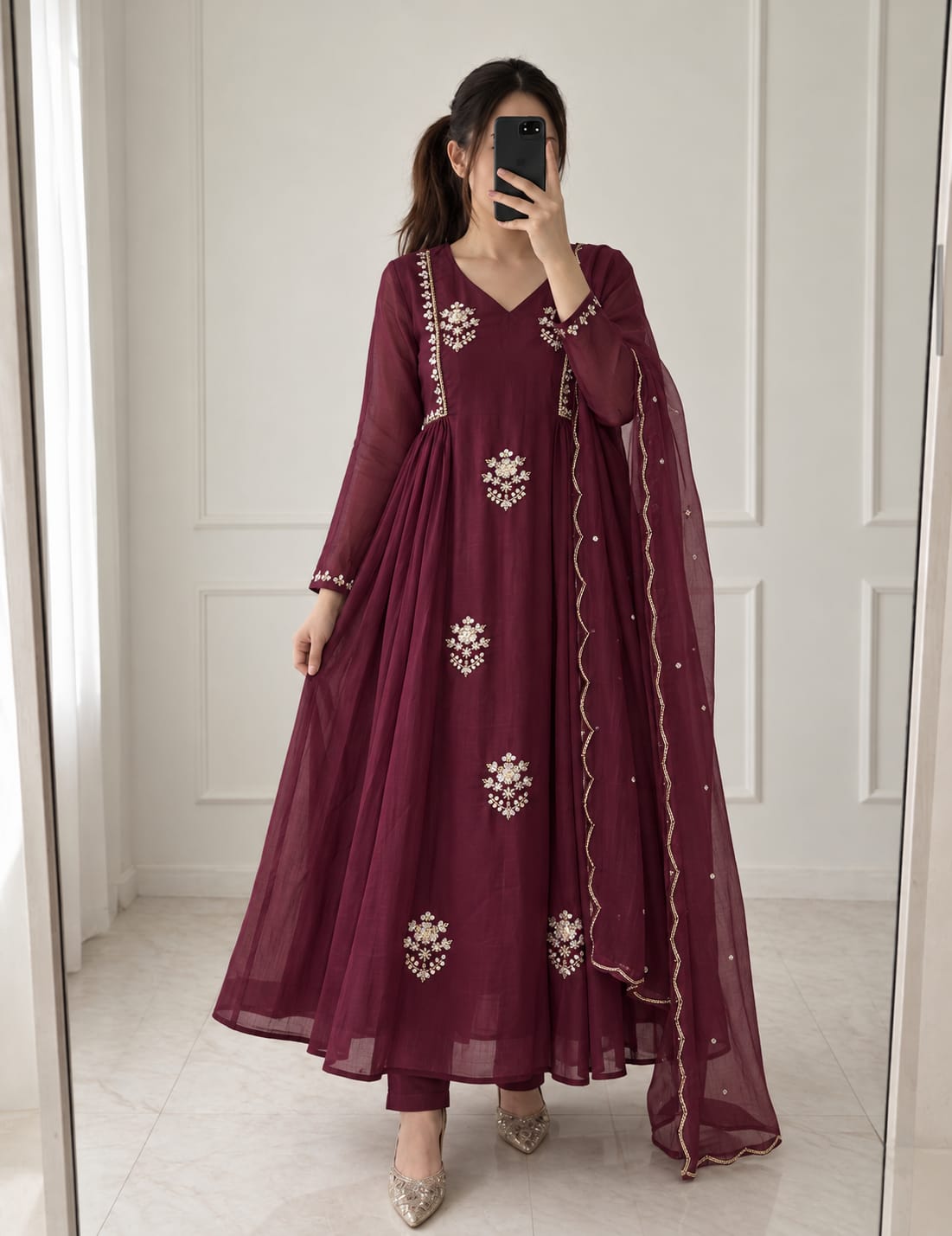 Wine Embroidered Anarkali Suit with Dupatta Set