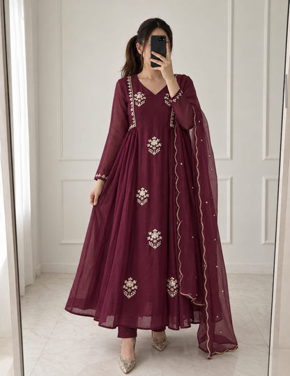 Wine Embroidered Anarkali Suit with Dupatta Set