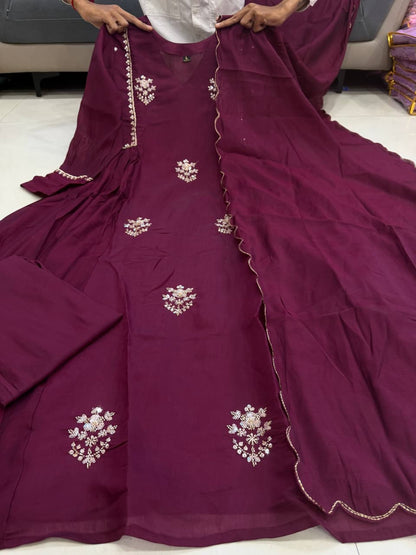 Wine Embroidered Anarkali Suit with Dupatta Set