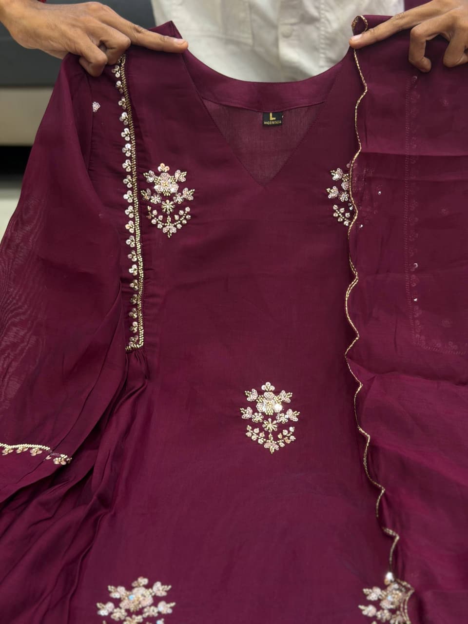 Wine Embroidered Anarkali Suit with Dupatta Set